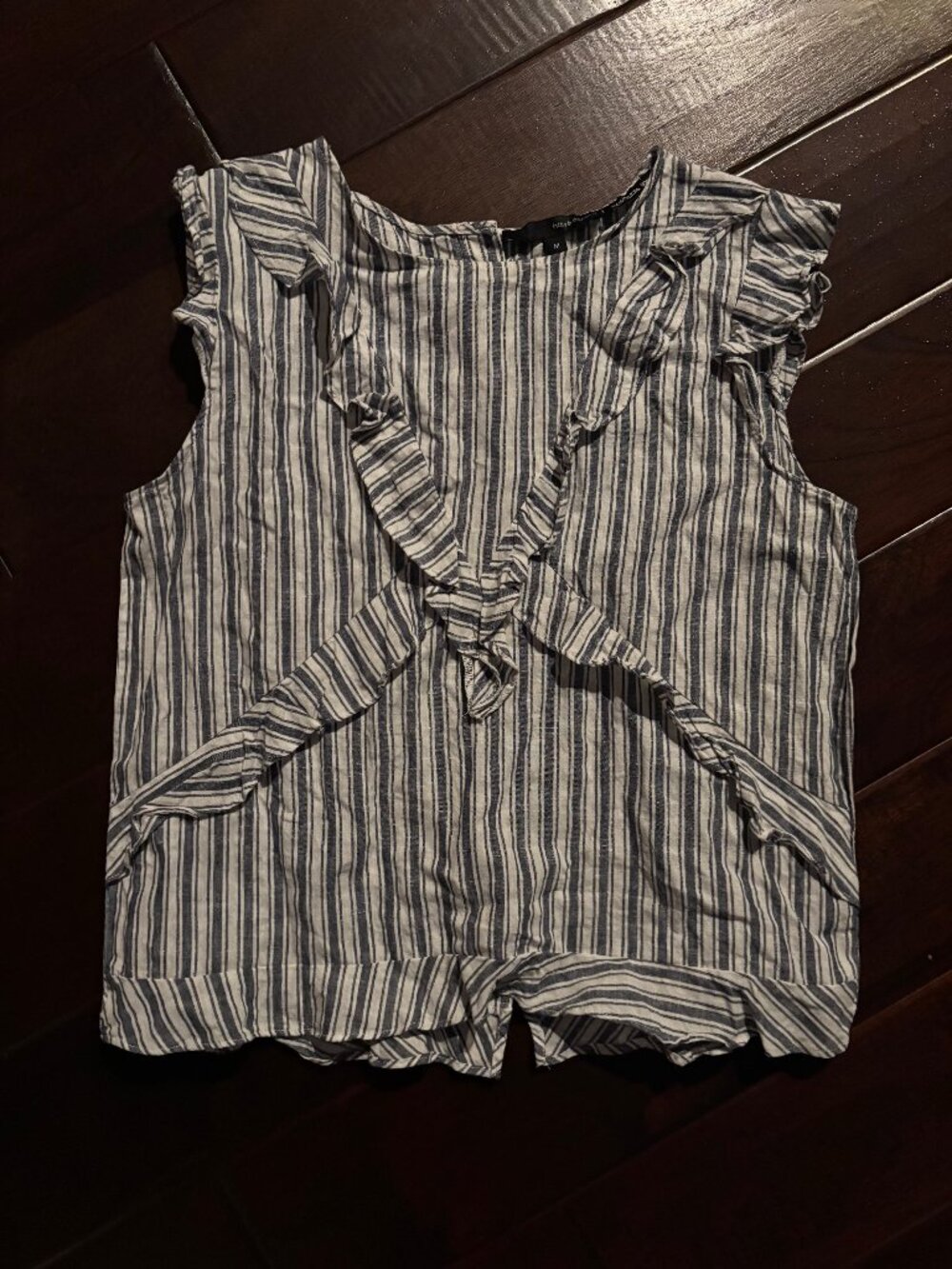 Harve Benard Woman Blouse Navy and White Striped Blouse Size M Washable Linen